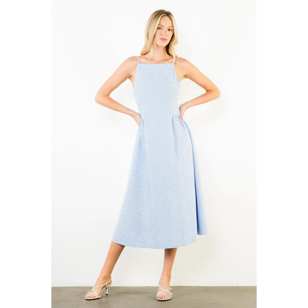 Thin Strap Blue Stripe Midi Dress