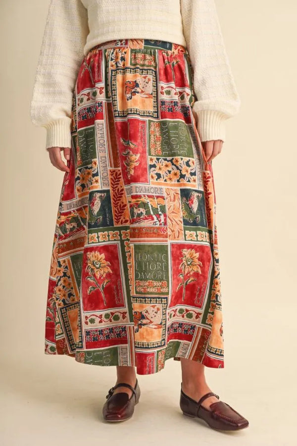 Amber Multi Patch Print A-line Midi Skirt