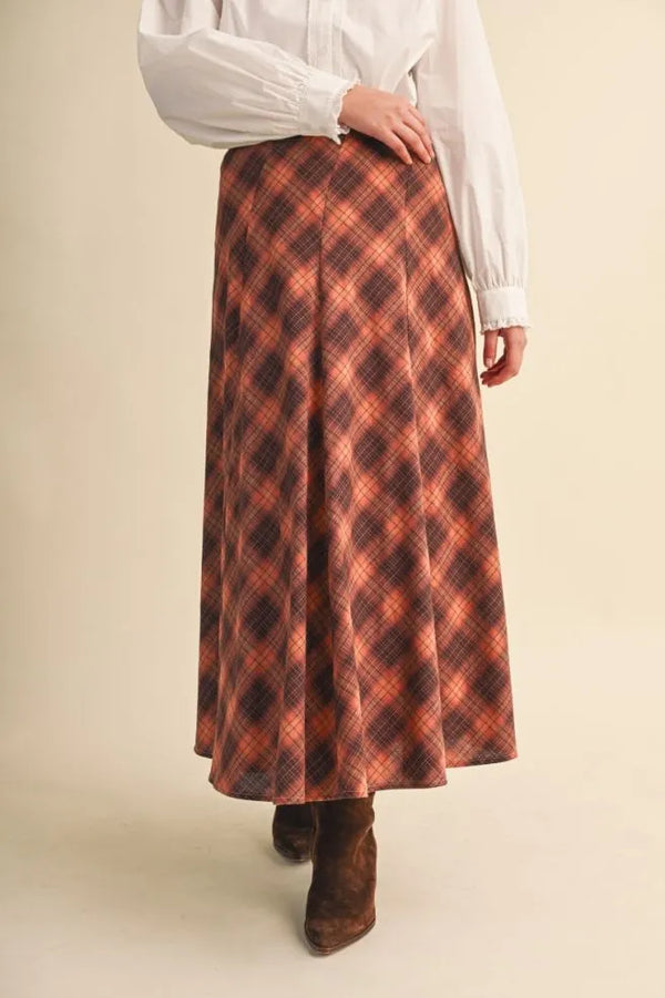 Copper Brown Plaid Maxi Skirt