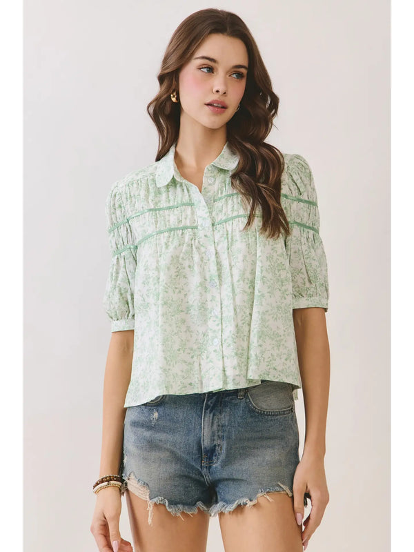 Floral Print Green Pintuck Button Down Puff Sleeve Blouse