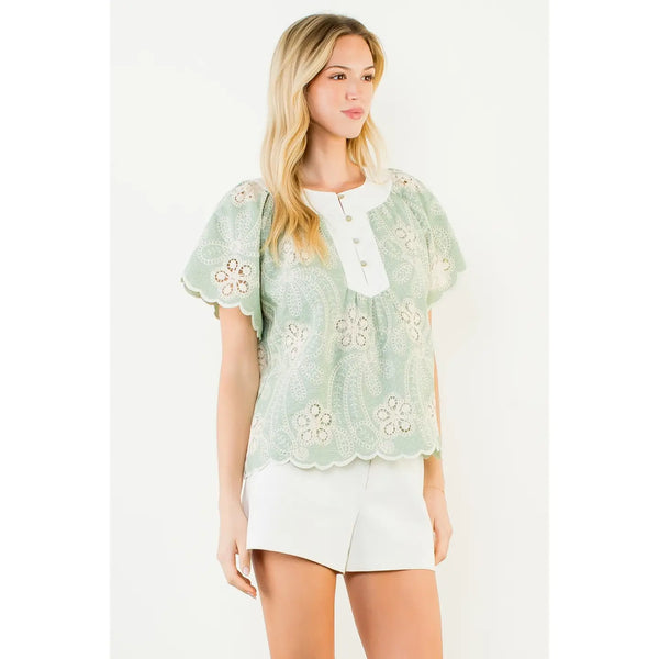 Green Short Sleeve Lace-Like Pattern Top