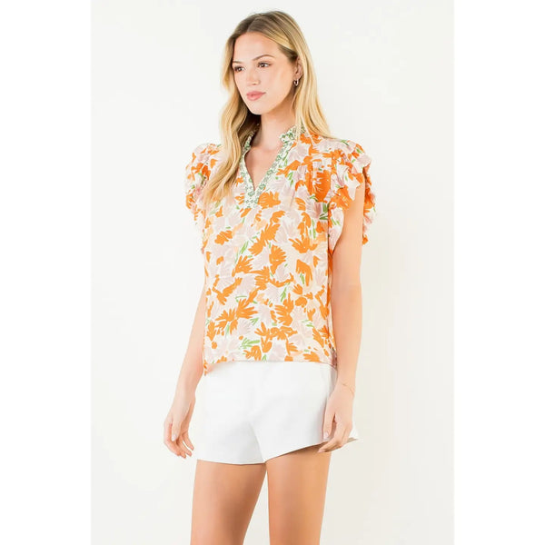 Orange Flowy Sleeve Floral Print V-Neck Top