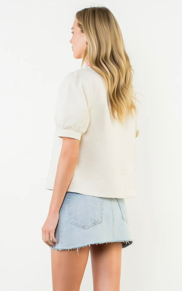 Puff Sleeve Textured V-Neck Top - Cream