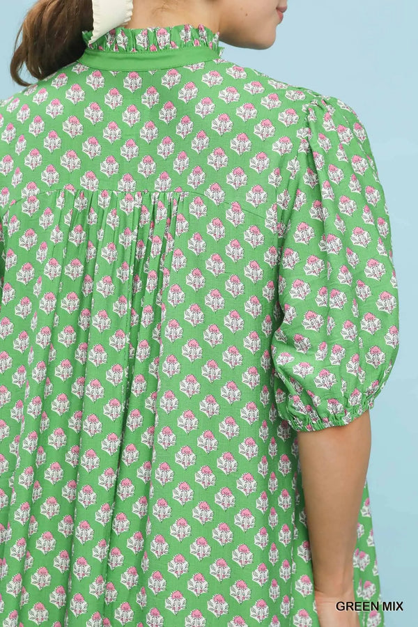 Green Floral Print Button Down Midi Dress