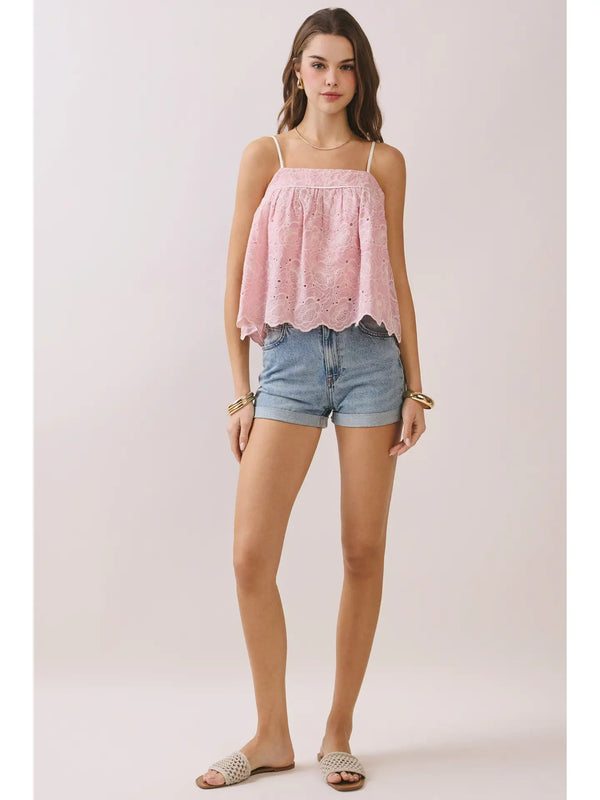 Pink Lace Babydoll Cami Top with Scalloped Hem