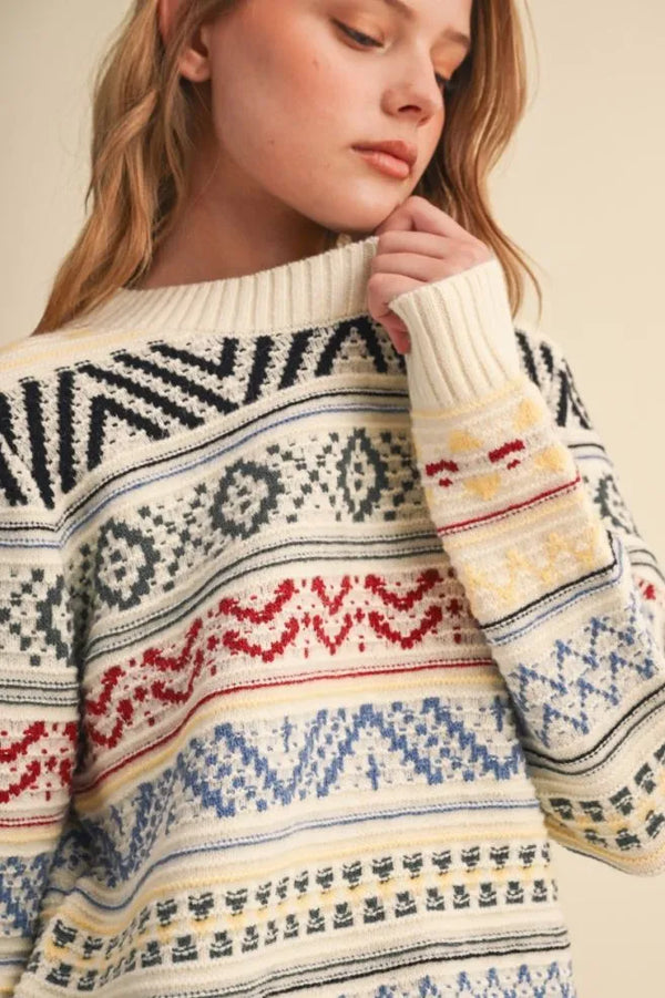 Off White & Colorful Geometric Knit Sweater