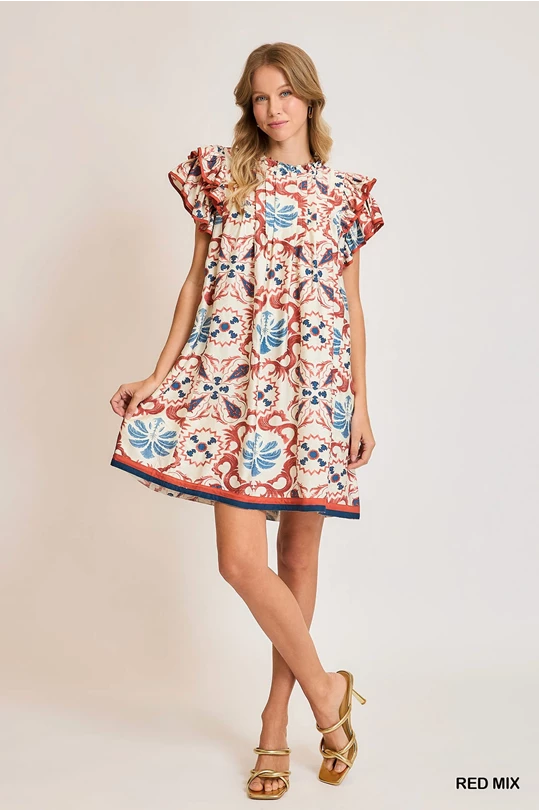 Boho Ruffle Sleeve Printed Dress