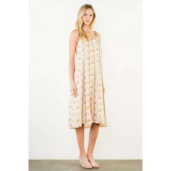 Cream Thin Strap Floral Pattern Dress