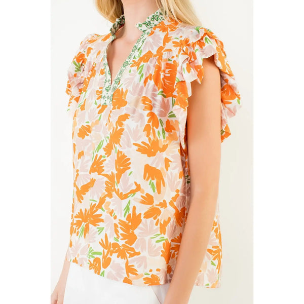 Orange Flowy Sleeve Floral Print V-Neck Top