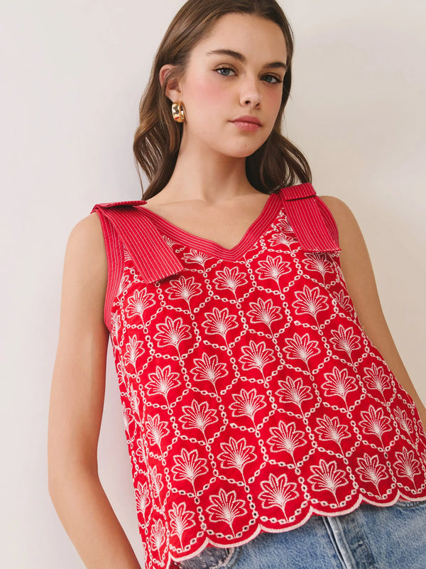 Red Eyelet Bow Strap V Neckline Top