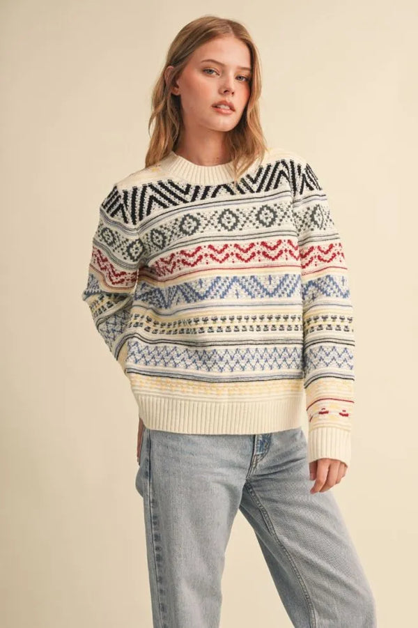 Off White & Colorful Geometric Knit Sweater
