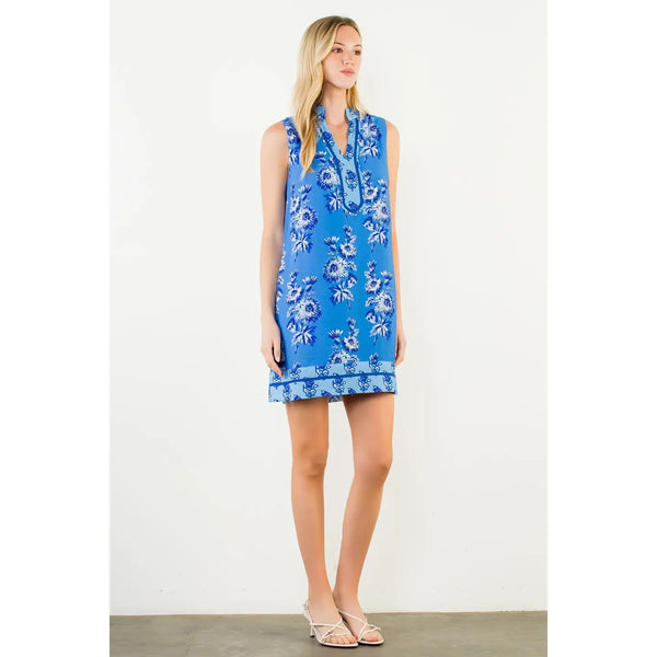 Blue Sleeveless Floral Print Dress