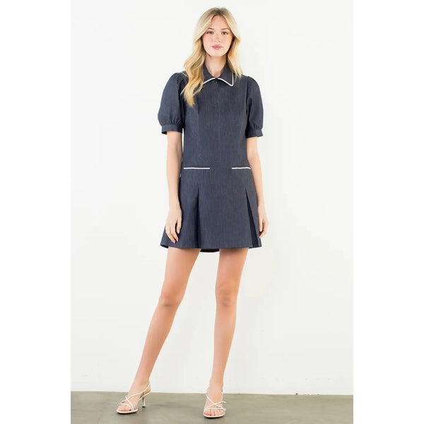Puff Sleeve Collared Denim Dress