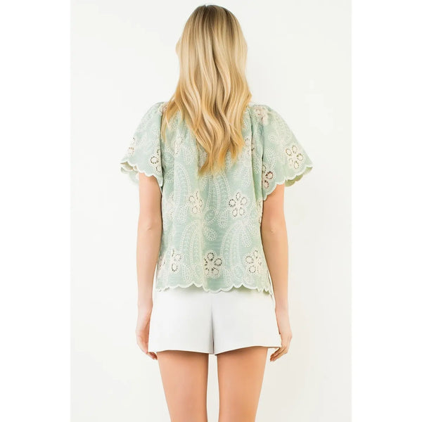 Green Short Sleeve Lace-Like Pattern Top