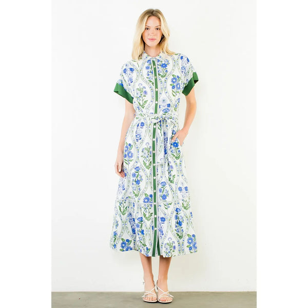 Maxi White & Floral Dress with Tie Waist