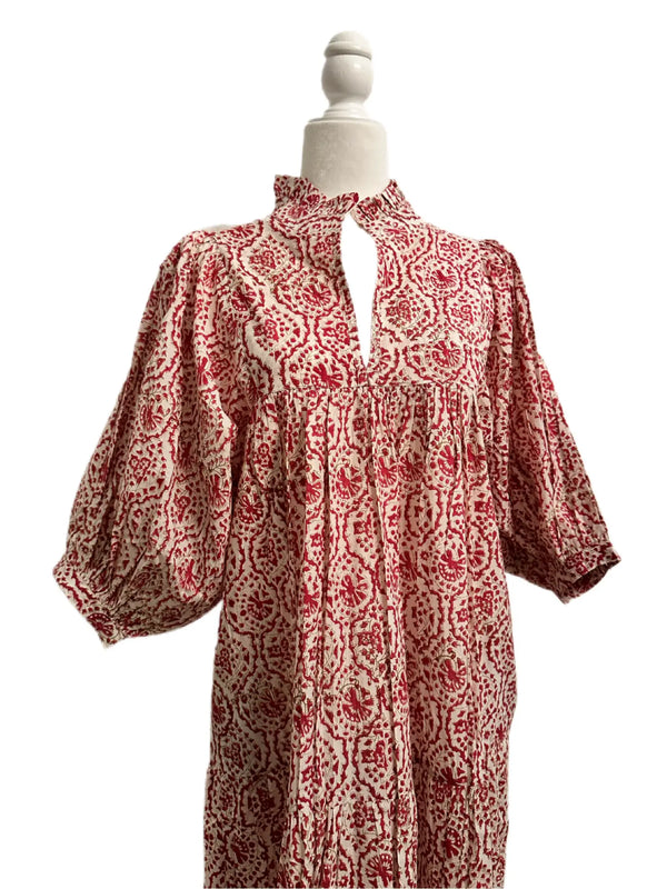 Red Geometric Maxi Puff Sleeve Dress W Pockets