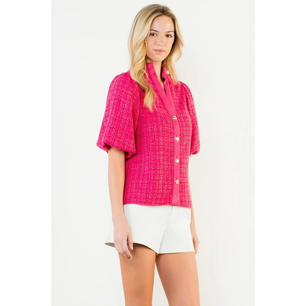 Pink Puff Sleeve Tweed Knit Top