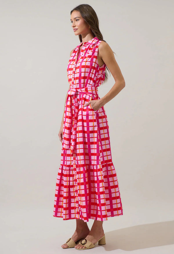 Darvy Pink & Orange Checker Cileah Collared Maxi Dress