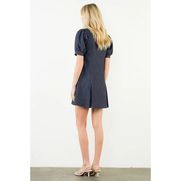 Puff Sleeve Collared Denim Dress