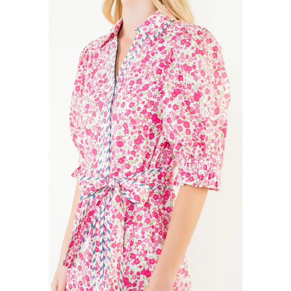 Pink Sleeve Floral Detail Button Down Dress