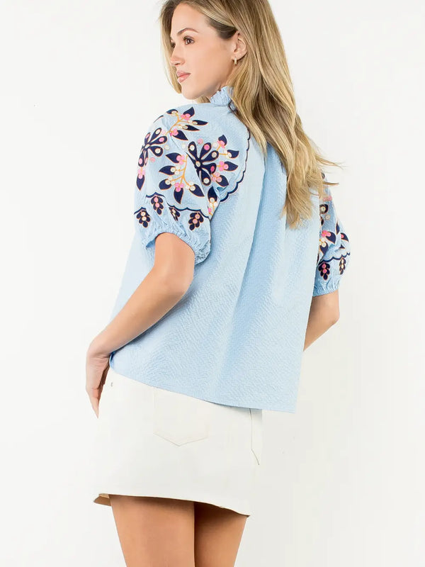 Blue Embroidered Smocked Neck Puff Top