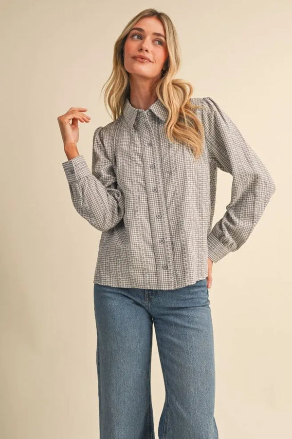 Grey Gingham Embroidered Trim Button Up Top