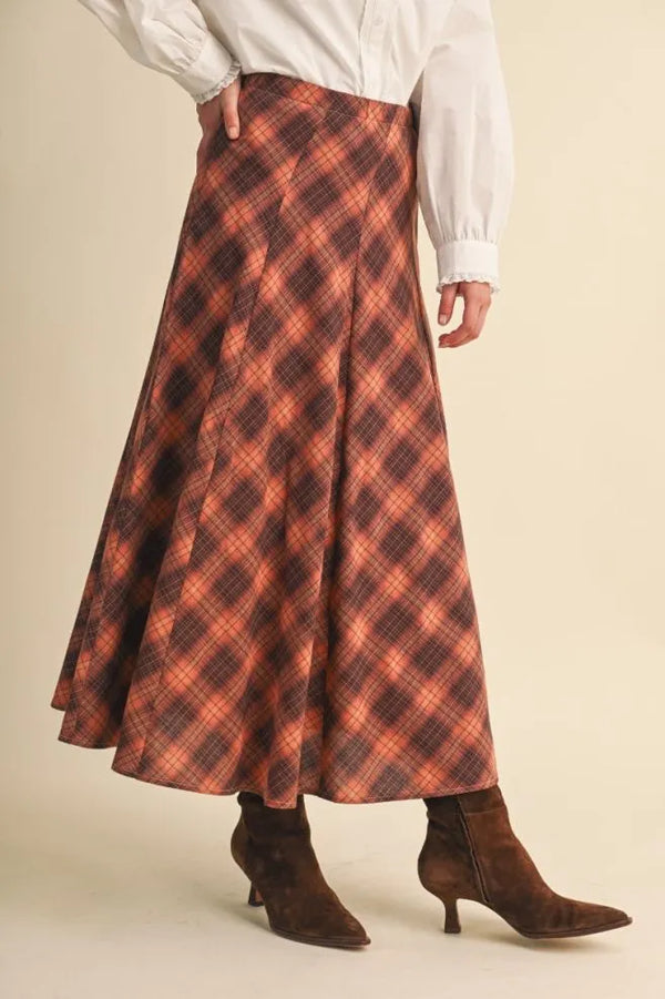 Copper Brown Plaid Maxi Skirt