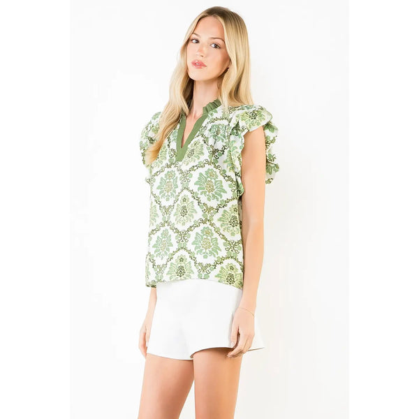 Ruffle Sleeves Green Floral Pattern V-Neck Top