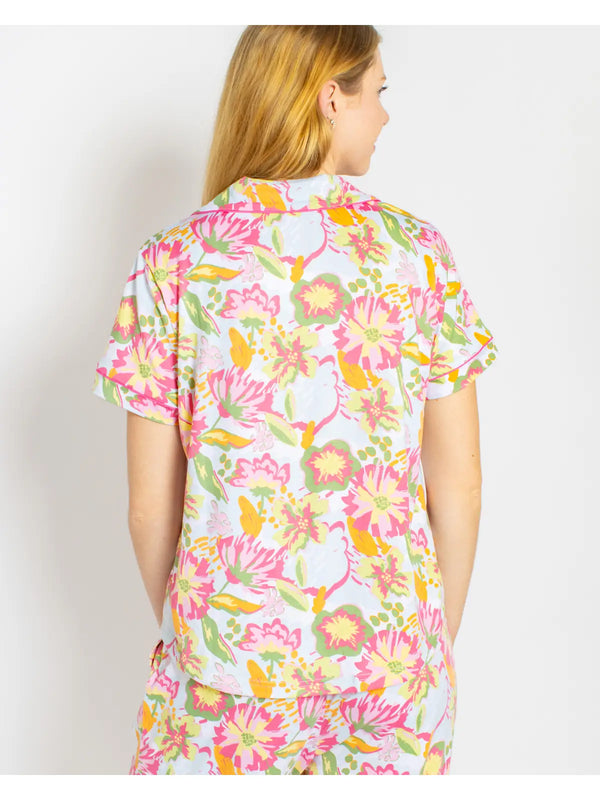 Summer Bouquet Short Sleeve Button Up Sleep Shirt Pink/Blue/Multi