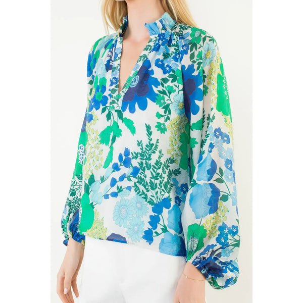 Floral Print Long Sleeve Top Blue & Green