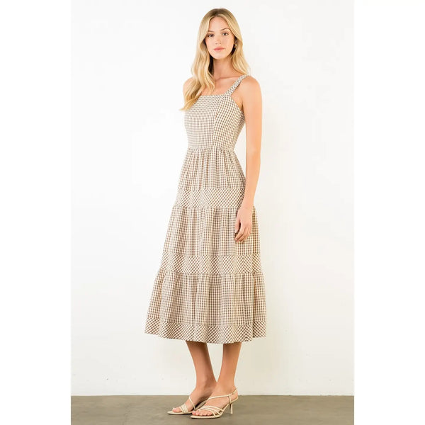 Thin Strap Brown Gingham Tiered Dress