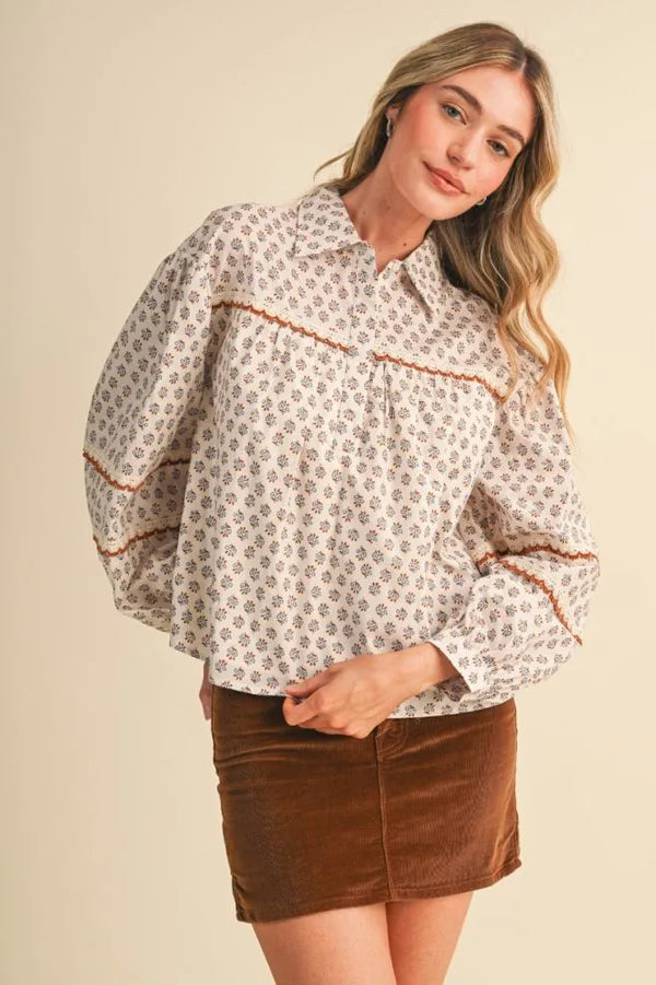 Cream Floral Lace Trim Button Up Top w Long Puff Sleeves