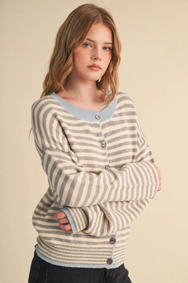 Striped Sweater Cardigan in Slate Grey