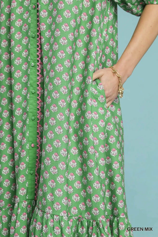 Green Floral Print Button Down Midi Dress
