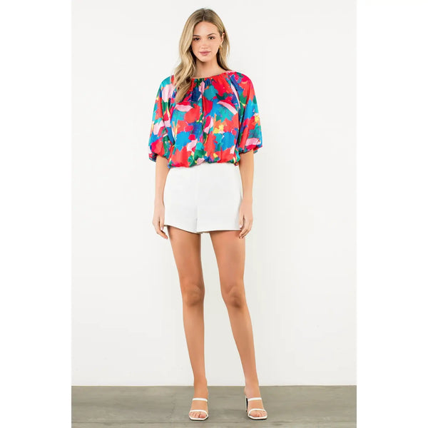 Balloon Sleeve Abstract Print Top