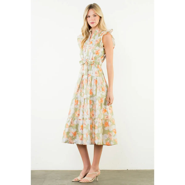 Ruffle Sleeves Floral Pattern Dress