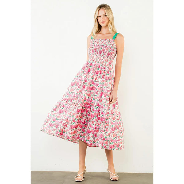 Pink Floral Print Smocked Bodice Tiered Maxi Dress