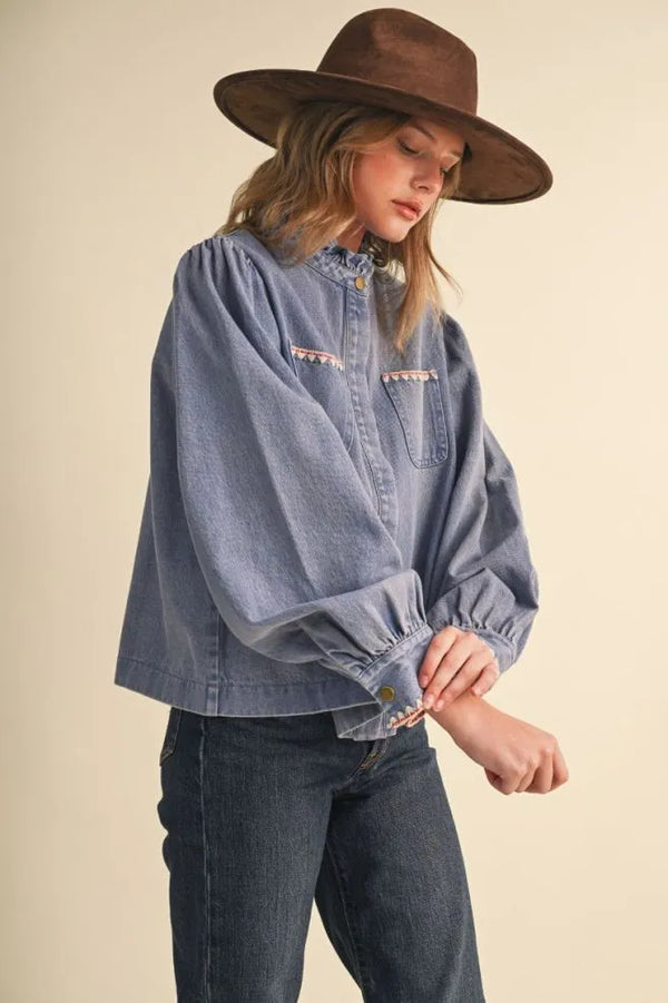 Denim Button Down Top w Ruffle Mock Neckline