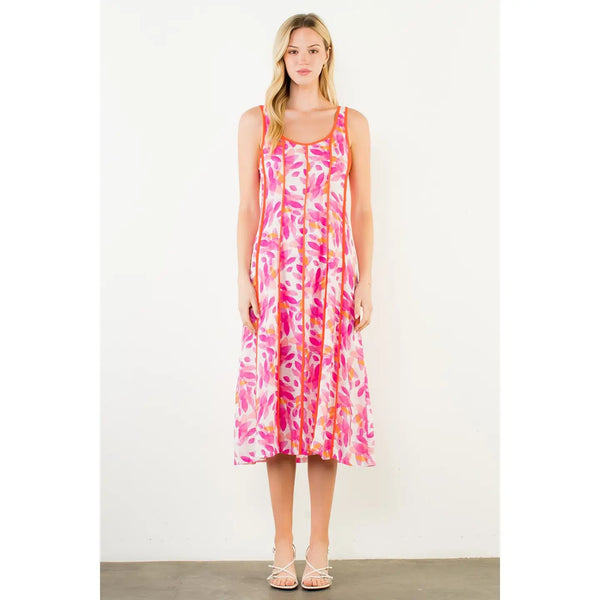 Fuschia Thin Strap Leaf-Like Pattern Dress