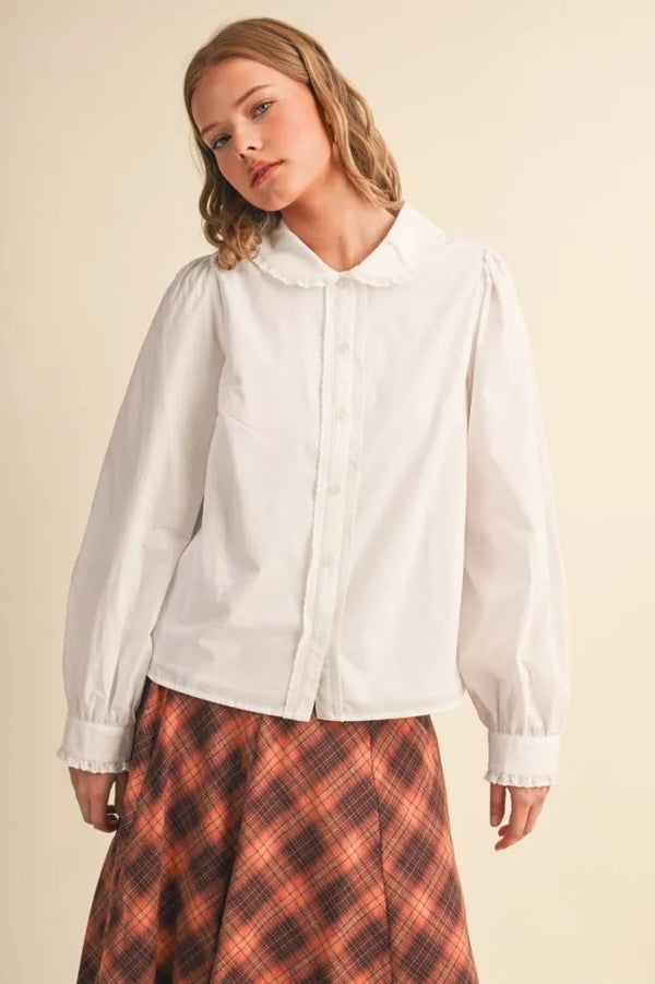 Off White Button Up Top with Scalloped Trim