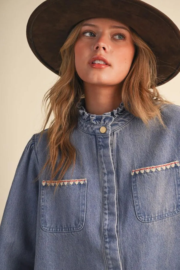 Denim Button Down Top w Ruffle Mock Neckline