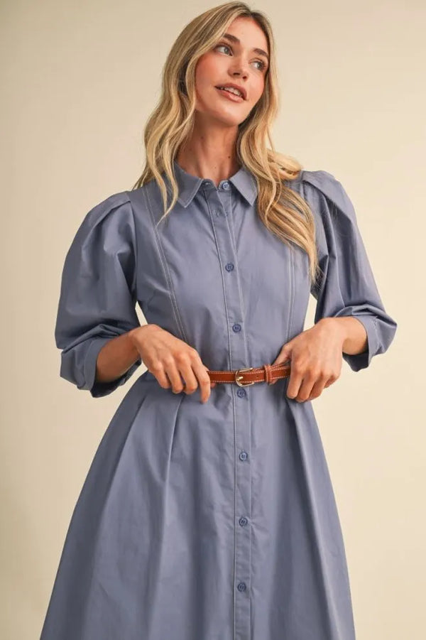 Dusty Denim Blue Belted Button Down Midi Dress