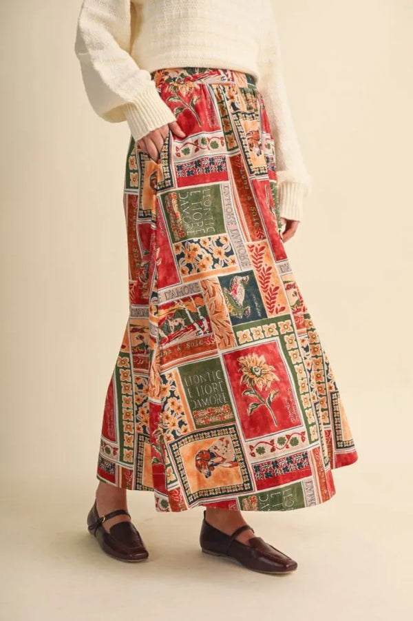 Amber Multi Patch Print A-line Midi Skirt