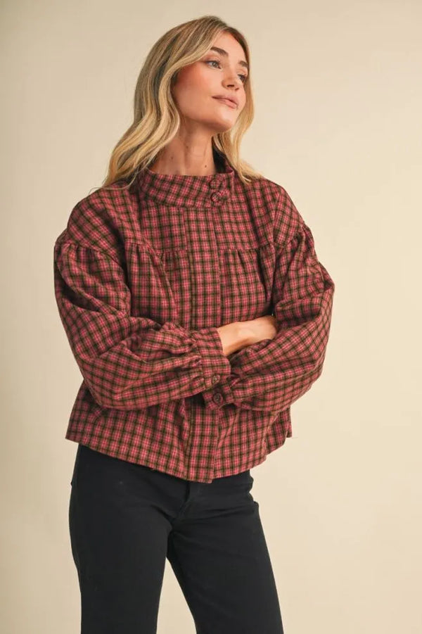 Mocha Plaid Bubble Hem Jacket