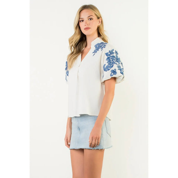 Puff Sleeve Embroidered Detail Corduroy Top in Cream