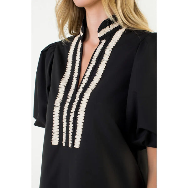 Puff Sleeve Embroidered Textured Dress in Black