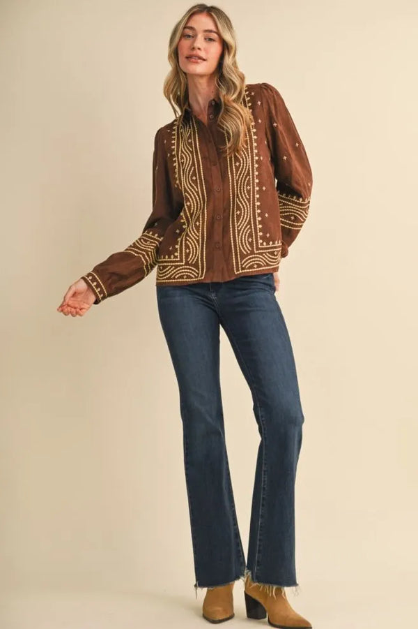 Suede Chocolate Brown Embroidered Top