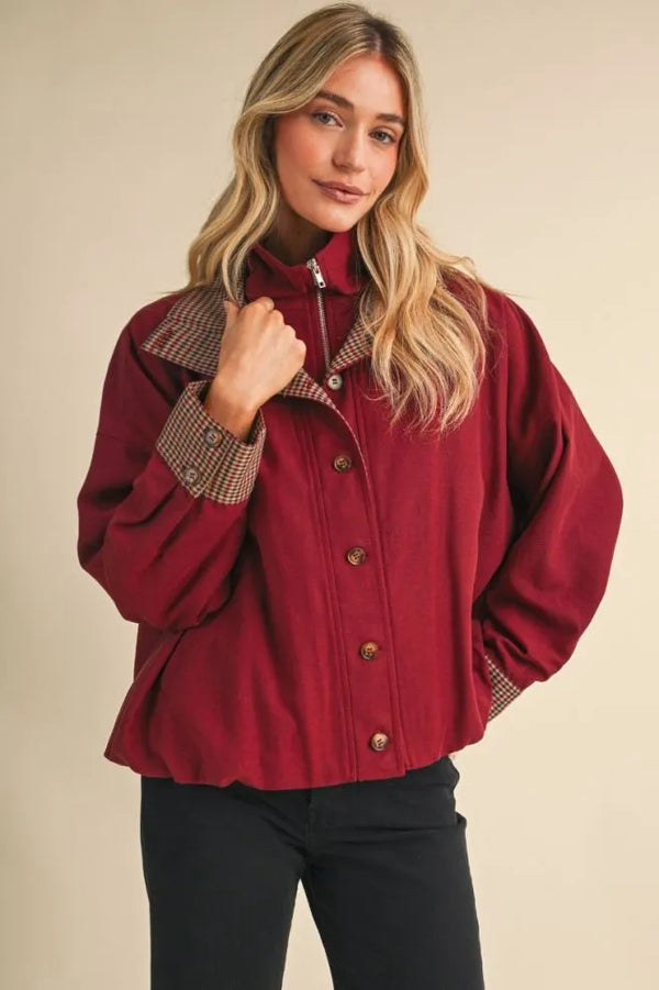 Rustic Red Bubble Hem Houndstooth Coat