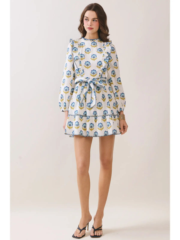 Floral Print Ruffle Accents Self Tie Mini Dress