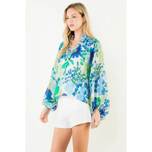 Floral Print Long Sleeve Top Blue & Green
